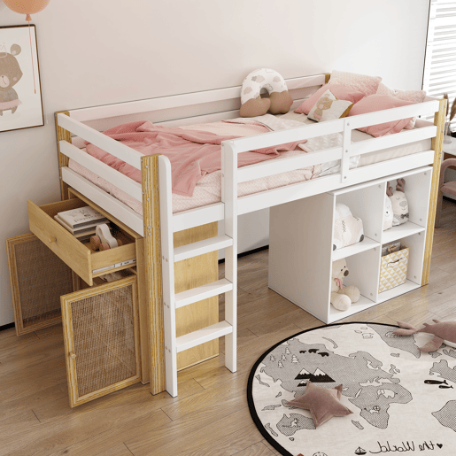 Cama de criança,cama alta de madeira maciça 90x200 cm,branco+natural