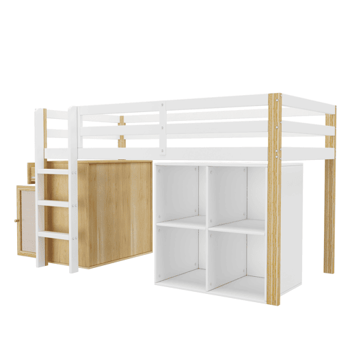 Cama de criança,cama alta de madeira maciça 90x200 cm,branco+natural