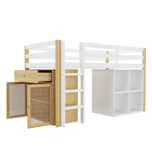 Cama de criança,cama alta de madeira maciça 90x200 cm,branco+natural
