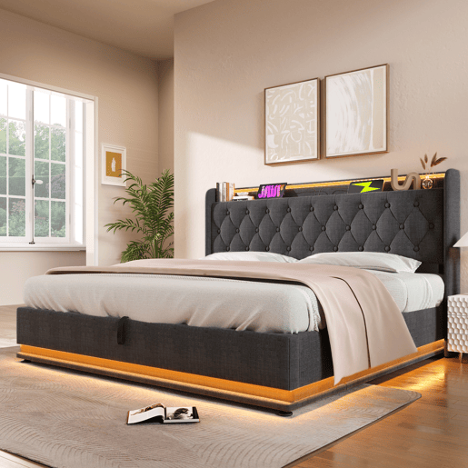 Cama de casal de linho 140x190 cm com armazenamento e luz led,cinza
