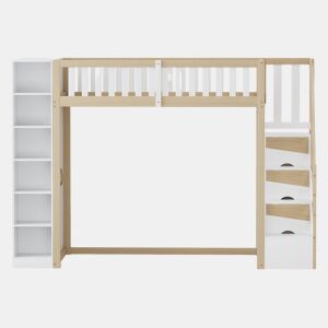 Cama alta multifuncional 90x200 cm - Com prateleiras, armário e escada de segurança - Branco + madeira natural