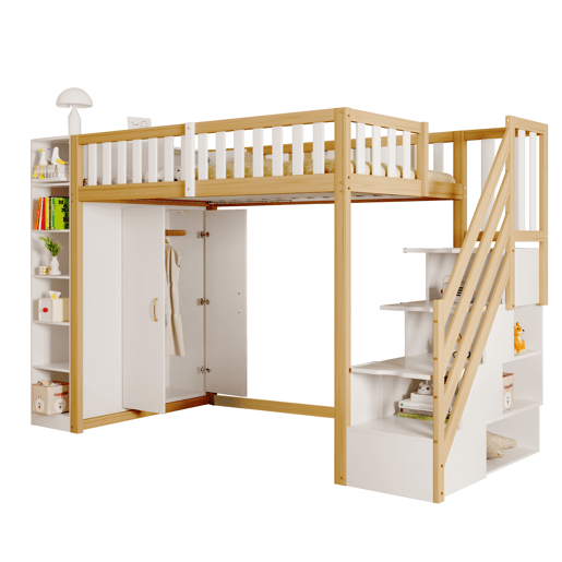 Cama alta multifuncional 90x200 cm - Com prateleiras, armário e escada de segurança - Branco + madeira natural