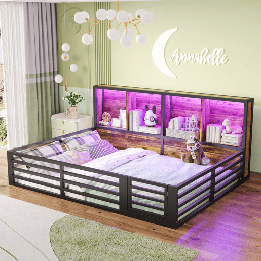 Cama plataforma 140x200cm - Com arrumação, com estrado, sem colchão, com grade - Preto