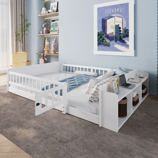 Cama infantil 140x190cm - Estrutura em pinho, arrumação aberta, prateleiras, caixa com tampa, sem colchão - Branco