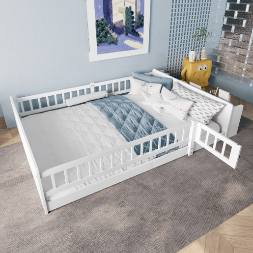 Cama infantil 140x190cm - Estrutura em pinho, arrumação aberta, prateleiras, caixa com tampa, sem colchão - Branco