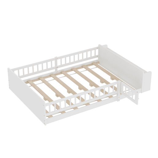 Cama infantil 140x190cm - Estrutura em pinho, arrumação aberta, prateleiras, caixa com tampa, sem colchão - Branco