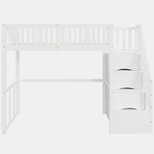 Cama alta 90x200 cm - Escada de segurança e arrumação - Estrutura em madeira maciça - Branca