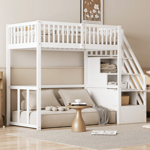 Cama alta 90x200 cm - Escada de segurança e arrumação - Estrutura em madeira maciça - Branca Cama alta 90x200 cm - Escada de segurança e arrumação - Estrutura em madeira maciça - Branca