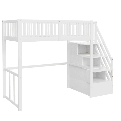 Cama alta 90x200 cm - Escada de segurança e arrumação - Estrutura em madeira maciça - Branca Cama alta 90x200 cm - Escada de segurança e arrumação - Estrutura em madeira maciça - Branca