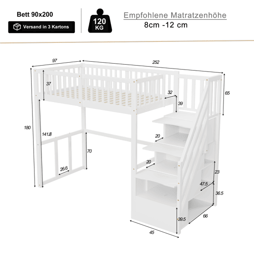Cama alta 90x200 cm - Escada de segurança e arrumação - Estrutura em madeira maciça - Branca Cama alta 90x200 cm - Escada de segurança e arrumação - Estrutura em madeira maciça - Branca