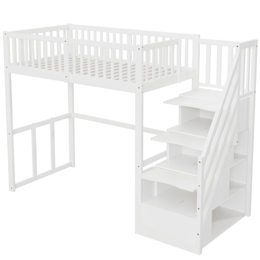 Cama alta 90x200 cm - Escada de segurança e arrumação - Estrutura em madeira maciça - Branca Cama alta 90x200 cm - Escada de segurança e arrumação - Estrutura em madeira maciça - Branca