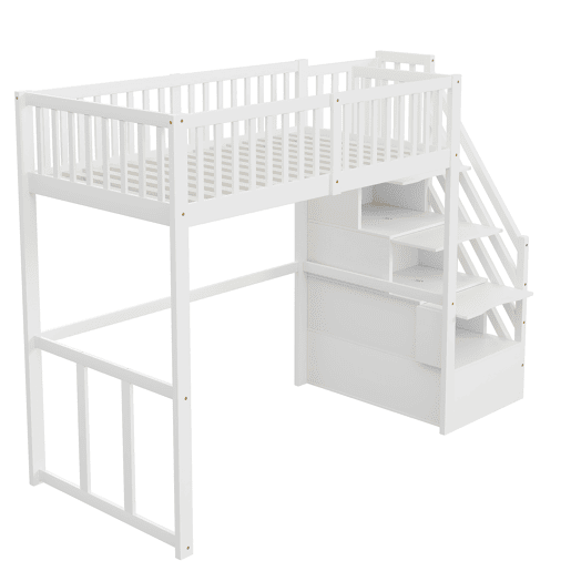 Cama alta 90x200 cm - Escada de segurança e arrumação - Estrutura em madeira maciça - Branca Cama alta 90x200 cm - Escada de segurança e arrumação - Estrutura em madeira maciça - Branca