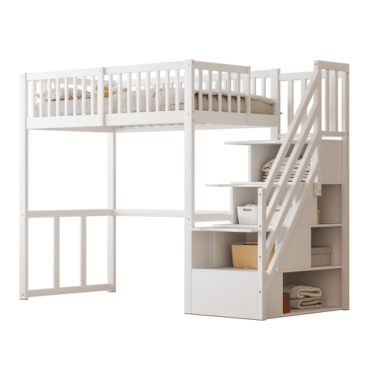 Cama alta 90x200 cm - Escada de segurança e arrumação - Estrutura em madeira maciça - Branca Cama alta 90x200 cm - Escada de segurança e arrumação - Estrutura em madeira maciça - Branca