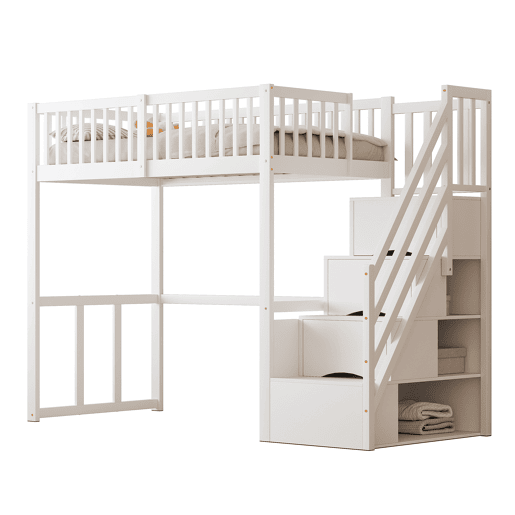 Cama alta 90x200 cm - Escada de segurança e arrumação - Estrutura em madeira maciça - Branca Cama alta 90x200 cm - Escada de segurança e arrumação - Estrutura em madeira maciça - Branca