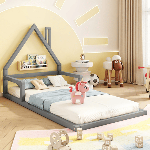 Cama infantil 90x200 cm - Cama baixa, em forma de casa, madeira de pinho, estilo simples - Cinza