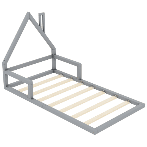 Cama infantil 90x200 cm - Cama baixa, em forma de casa, madeira de pinho, estilo simples - Cinza