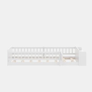 Cama infantil 90x200cm - Madeira de pinho, Armazenamento aberto, Prateleiras, Caixa rebatível - Branco