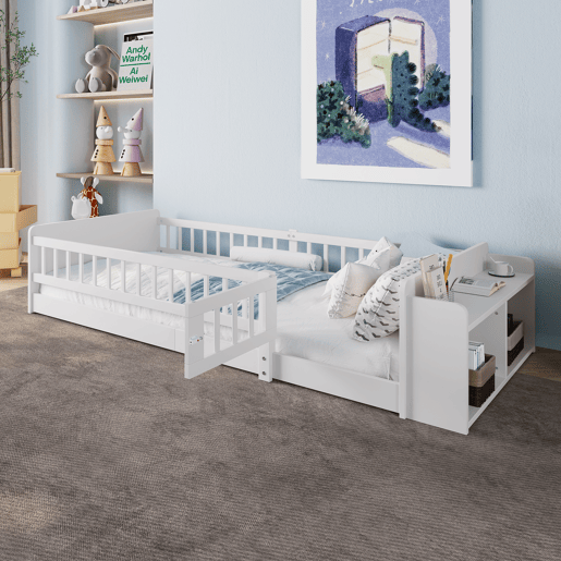 Cama infantil 90x200cm - Madeira de pinho, Armazenamento aberto, Prateleiras, Caixa rebatível - Branco