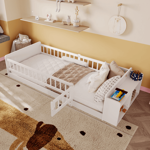 Cama infantil 90x200cm - Madeira de pinho, Armazenamento aberto, Prateleiras, Caixa rebatível - Branco
