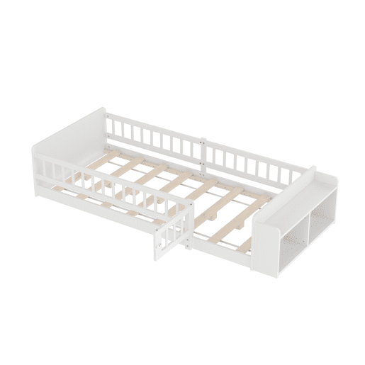 Cama infantil 90x200cm - Madeira de pinho, Armazenamento aberto, Prateleiras, Caixa rebatível - Branco