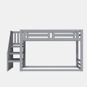 Cama infantil 90x200 cm - Beliche baixo com escada de segurança - Estrutura em madeira maciça - Cinza