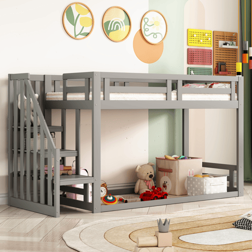 Cama infantil 90x200 cm - Beliche baixo com escada de segurança - Estrutura em madeira maciça - Cinza