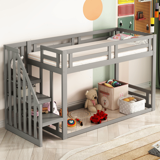 Cama infantil 90x200 cm - Beliche baixo com escada de segurança - Estrutura em madeira maciça - Cinza