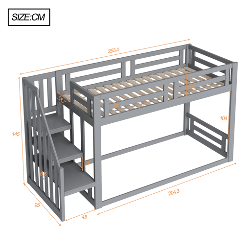 Cama infantil 90x200 cm - Beliche baixo com escada de segurança - Estrutura em madeira maciça - Cinza