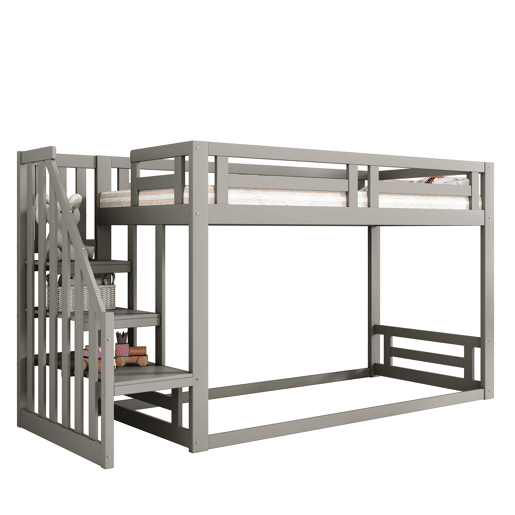 Cama infantil 90x200 cm - Beliche baixo com escada de segurança - Estrutura em madeira maciça - Cinza