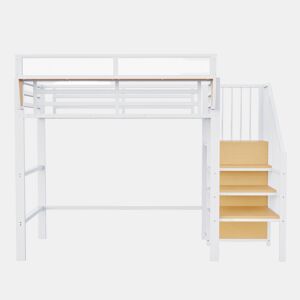 Cama alta 90x200 - Com escada de segurança e compartimento de arrumação flexível - Branco