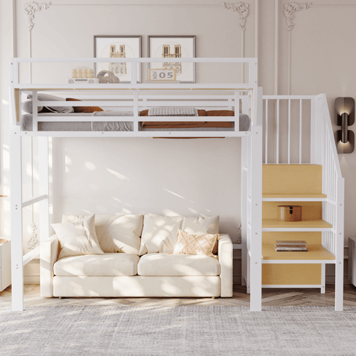 Cama alta 90x200 - Com escada de segurança e compartimento de arrumação flexível - Branco Cama alta 90x200 - Com escada de segurança e compartimento de arrumação flexível - Branco