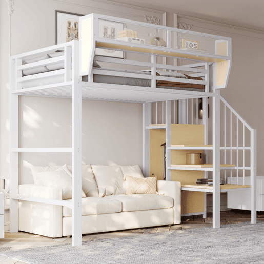 Cama alta 90x200 - Com escada de segurança e compartimento de arrumação flexível - Branco Cama alta 90x200 - Com escada de segurança e compartimento de arrumação flexível - Branco