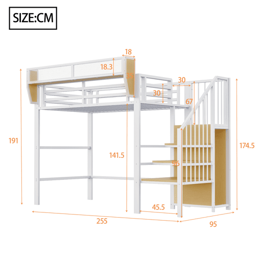 Cama alta 90x200 - Com escada de segurança e compartimento de arrumação flexível - Branco Cama alta 90x200 - Com escada de segurança e compartimento de arrumação flexível - Branco
