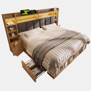 Cama de casal de madeira maciça 180x200 cm com luz led,natural