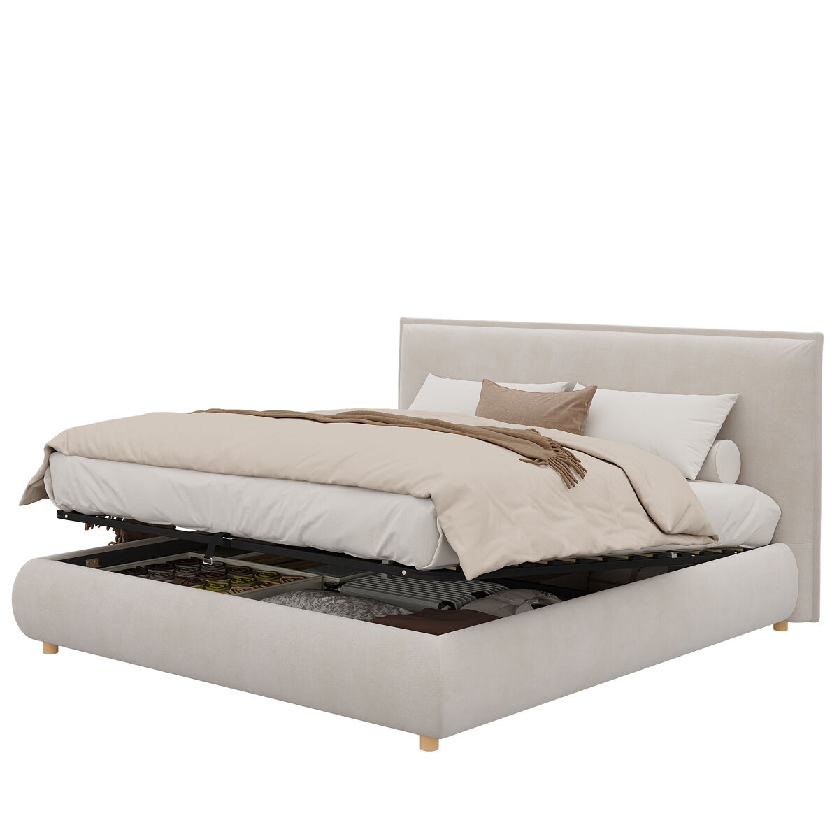 Cama de matrimonio de terciopelo 180x200 cm con almacenaje,beige