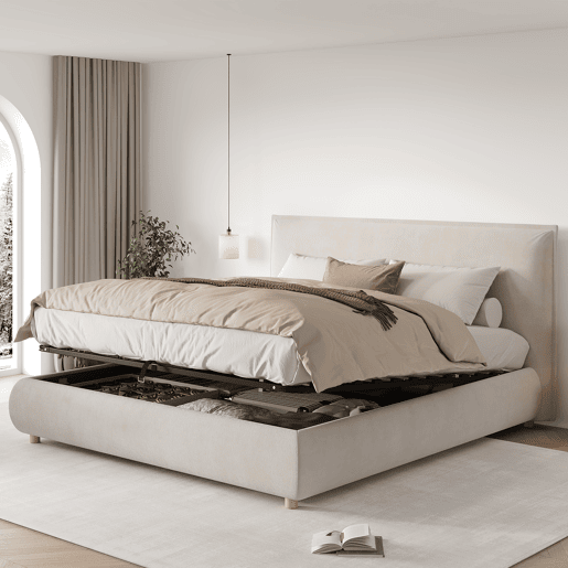 Cama de casal de veludo 180x200 cm com armazenamento,bege Cama de casal de veludo 180x200 cm com armazenamento,bege
