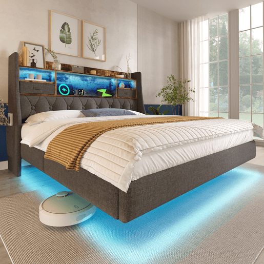 Cama de casal de linho 140x190 cm com luz led,cinza