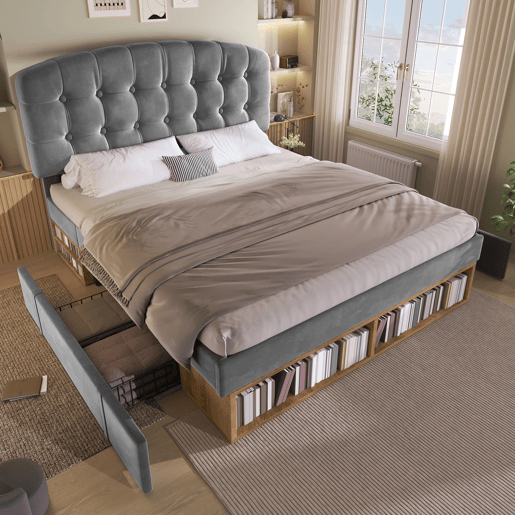 Cama de casal de veludo 140x200 cm,cinza Cama de casal de veludo 140x200 cm,cinza