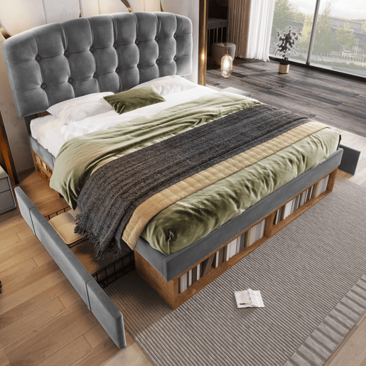 Cama de casal de veludo 140x200 cm,cinza Cama de casal de veludo 140x200 cm,cinza