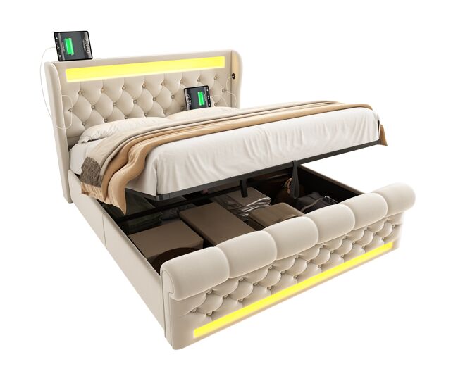 Cama de matrimonio de terciopelo 140x190 cm con almacenaje y luz led,beige