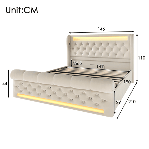 Cama de casal de veludo 140x190 cm com armazenamento e luz led,bege