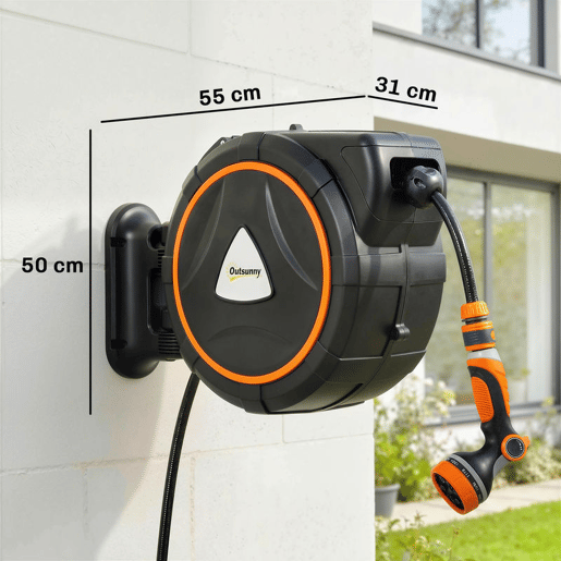 Outsunny Enrolador de Mangueira para Jardim 23+2 m com 12 Modos de Pulverização Carrete de Mangueira de Parede com Bloqueio Automático e Retração Controlada Suporte Orientável 180° Laranja