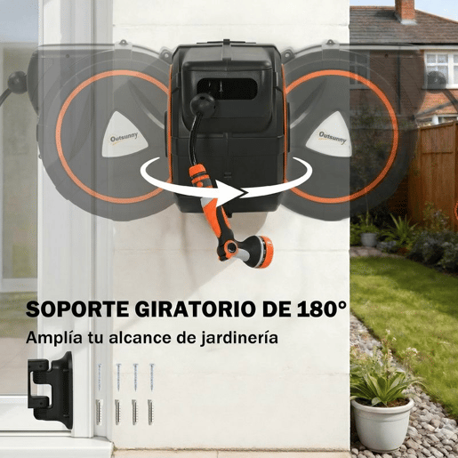 Outsunny Enrolador de Mangueira para Jardim 23+2 m com 12 Modos de Pulverização Carrete de Mangueira de Parede com Bloqueio Automático e Retração Controlada Suporte Orientável 180° Laranja