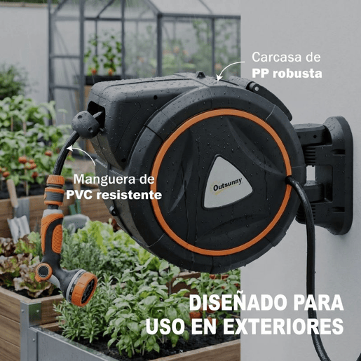 Outsunny Enrolador de Mangueira para Jardim 23+2 m com 12 Modos de Pulverização Carrete de Mangueira de Parede com Bloqueio Automático e Retração Controlada Suporte Orientável 180° Laranja