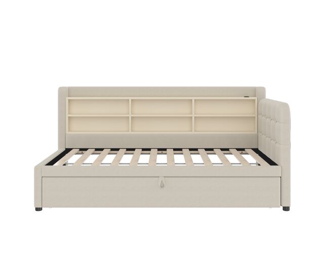 Cama tipo daybed 90x200 - sofá cama multifuncional con almacenamiento, usb y tipo c - beige