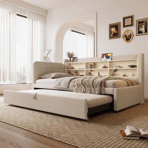 Cama tipo sofá-cama 90x200 - sofá-cama multifuncional com arrumação, USB e Tipo C - bege