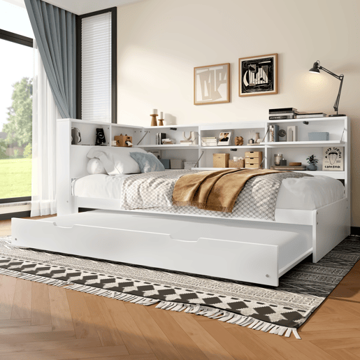 Cama nido 90x200 cm - sofá-cama, cabeceira com arrumação, cama extraível, sem colchão - branco