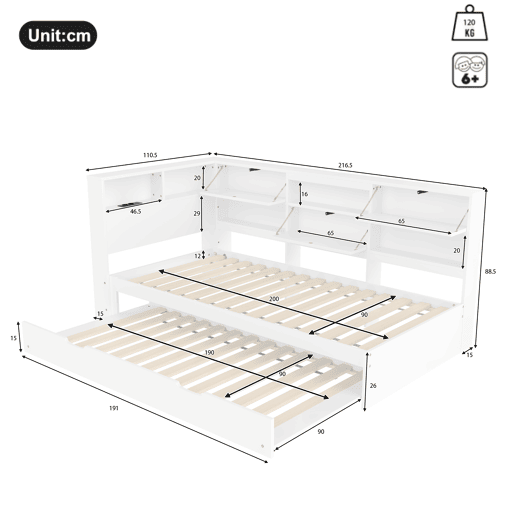 Cama nido 90x200 cm - sofá-cama, cabeceira com arrumação, cama extraível, sem colchão - branco