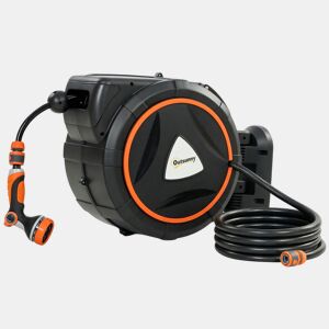 Outsunny Carretel de Mangueira para Jardim 28+2 m com 12 Modos de Pulverização Carretel de Mangueira de Jardim de Parede com Bloqueio Automático e Retracção Controlada Suporte Orientável 180° Laranja