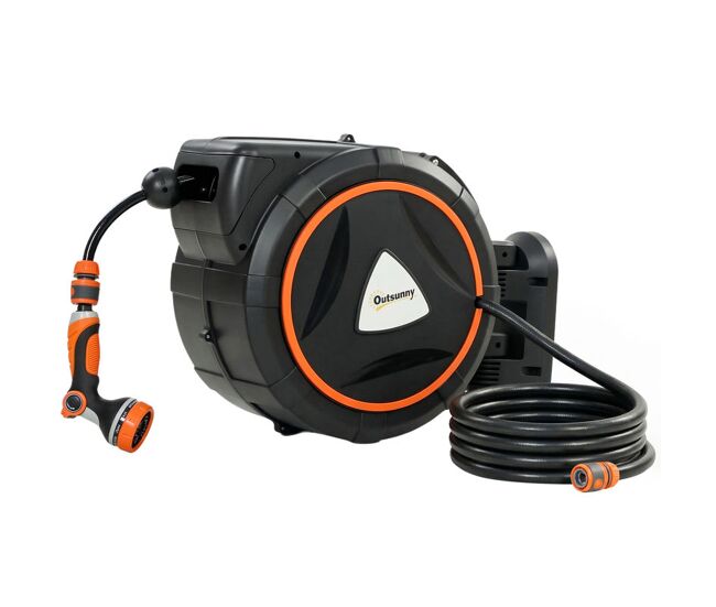 Outsunny enrollador de manguera para jardín 28+2 m con 12 modos de rociado, carrete de manguera de jardín de pared con bloqueo automático y retracción controlada, soporte orientable 180°, naranja